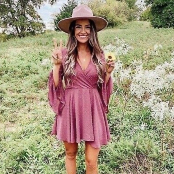 Altar'd State Dresses & Skirts - Altar’d State “Gigi” Dress. Chiffon Dots Sheath Dress W/Bell sleeves. Berry